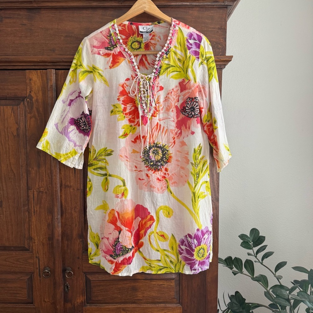 CZ Coverups Floral Beaded Cotton Resort Wear
